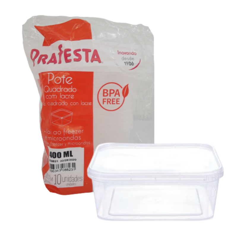 PRAFESTA - POTE 0400ML QUADRADO PP C/TAMPA LACRE (8823) - PT.10UN